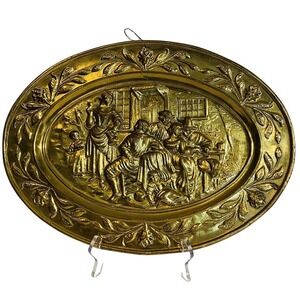 Vintage Brass Wall Plaque Oval Embossed Relief Scene Floral Border Large 11x15in